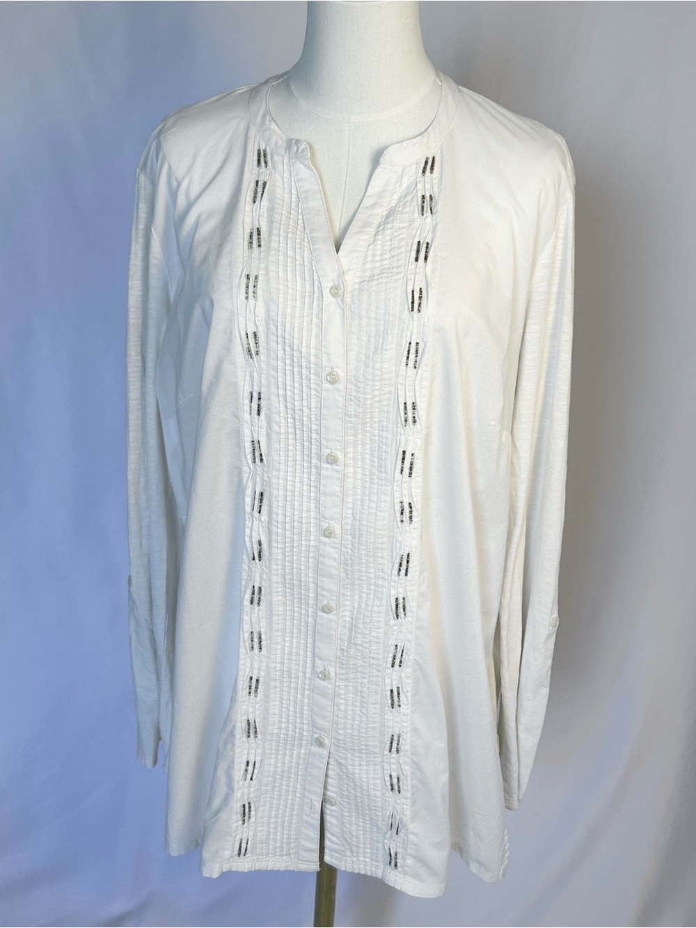 Coldwater Creek White Cotton Beaded Pintuck Tunic Blouse XL 16 Roll-Tab Sleeves